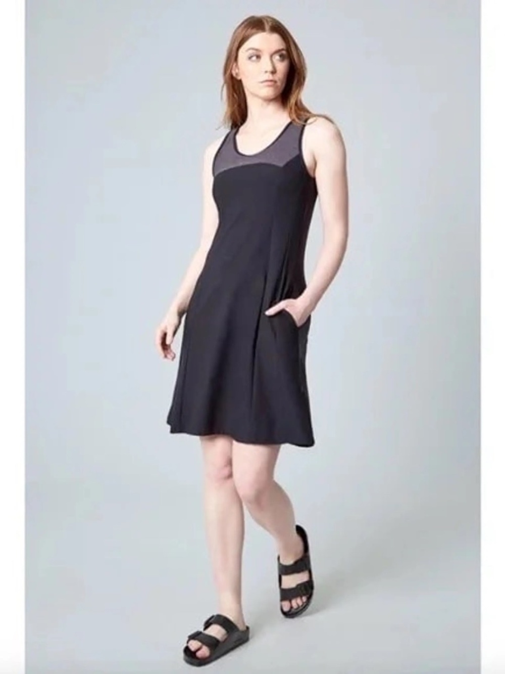 Mondetta Performance Luxury Built-In-Bra Pockets Travel Dress Size L Black Gray